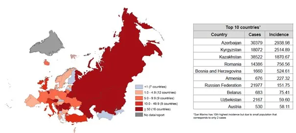 Figure 3. Measles incidence per million population in the World Health Organization (WHO) European Region, September 2023–August 2024