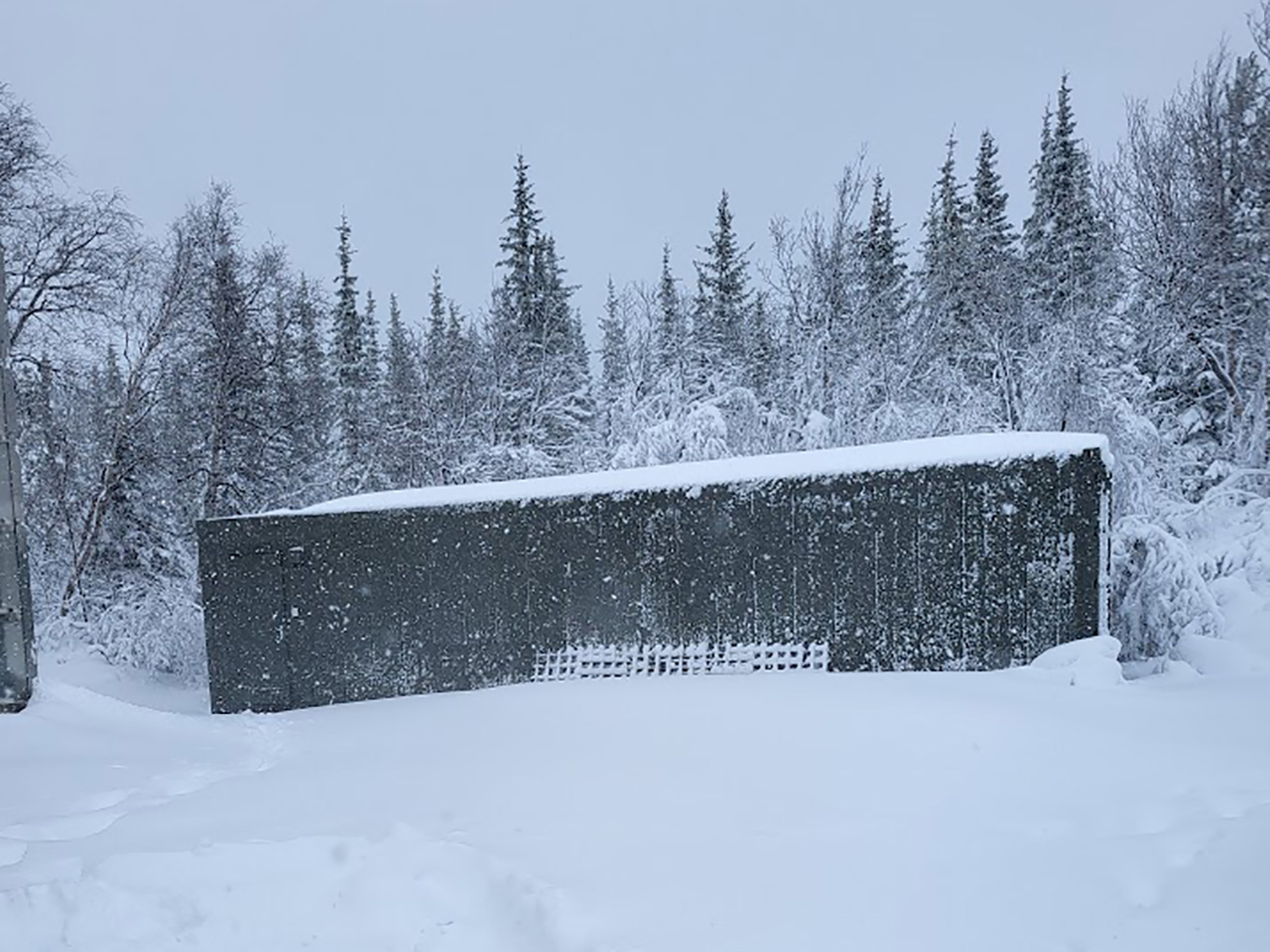 The cultivation container during a snowfall in late March