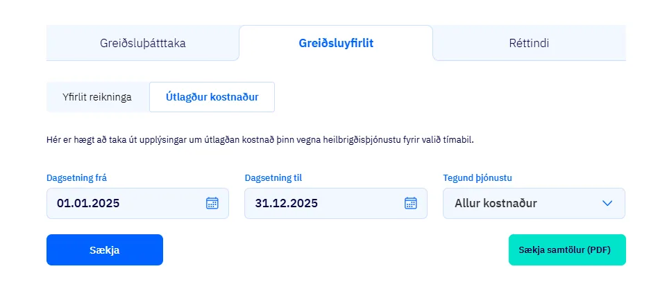 Greiðsluyfirlit á vefsíðu sjúkratrygginga