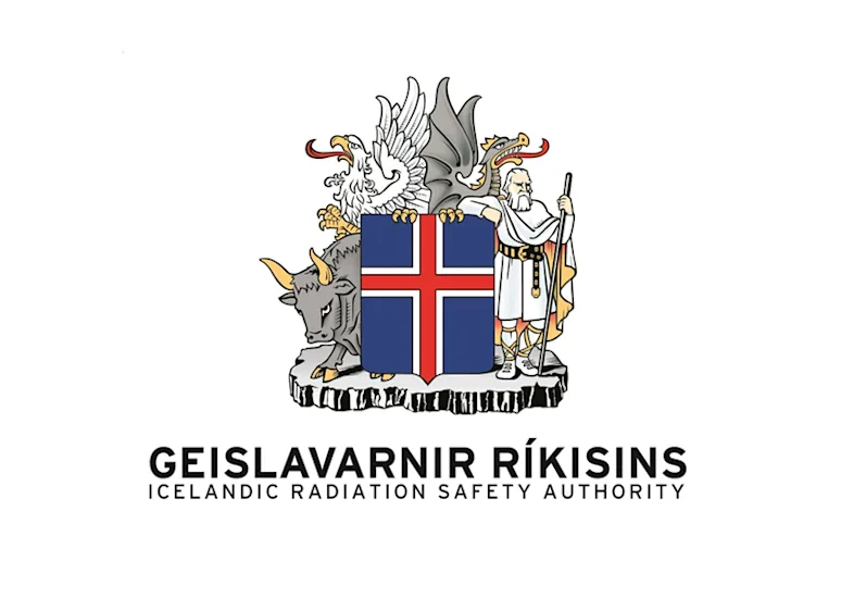 The logo of The Icelandic Radiation safety Authority, coat of arms of Iceland with the name of the authority.