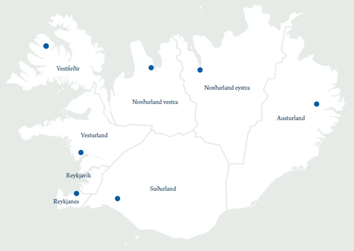 Yfirlitsmynd af staðsetningu héraðsdómstóla um allt land.