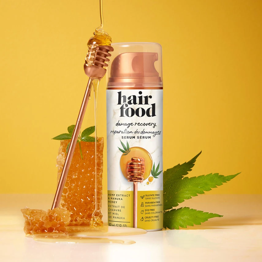 Hemp oil extract & manuka honey hair repairing serum bottle with hemp oil extract and manuka honey ingredients