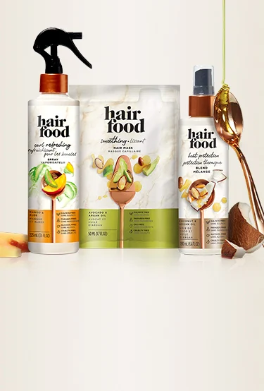Hair Food treatment products with a copper spoon and with honey and avocado ingredients