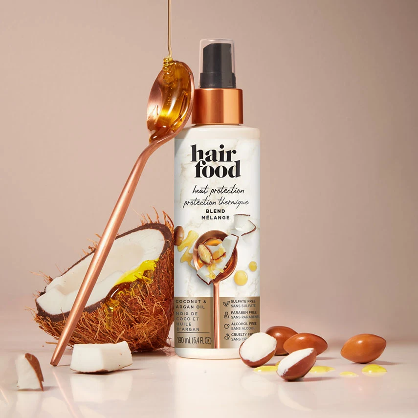 Hair Food Coconut & argan oil heat protectant blend bottle with coconut and argan oil ingredients