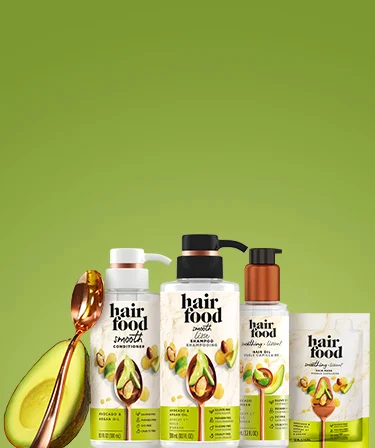 Hair Food Smooth Collection Products on a green background.