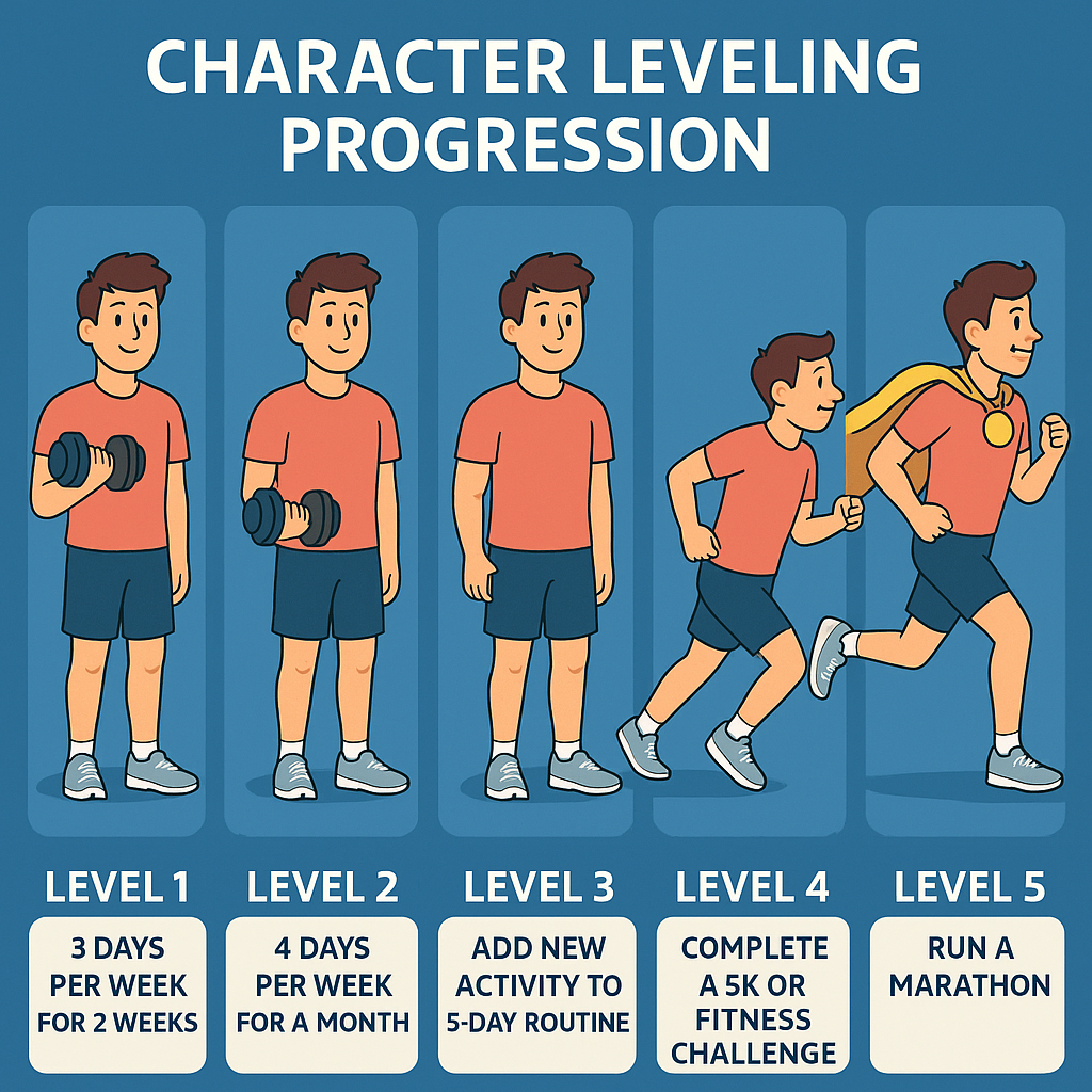 A “Level 1 to Level 5” character progression visual (e.g., from beginner holding a dumbbell to a confident hero running a marathon).