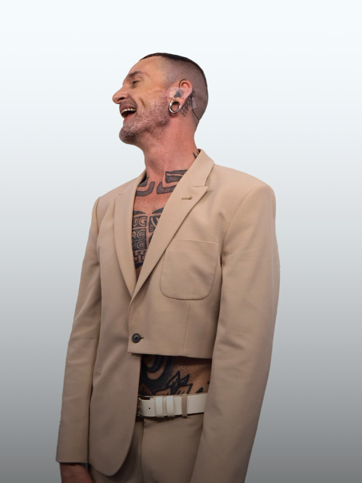 Portrait of Andrew Gregory dressed for Eurovision live performance.