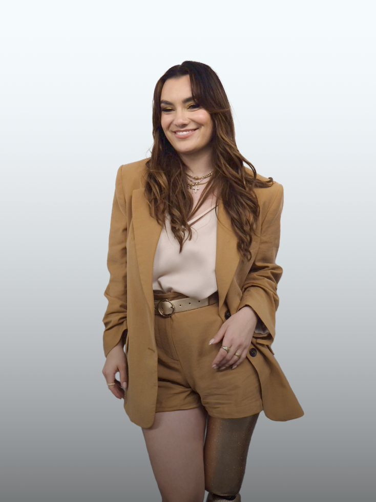 Portrait of Rebecca Brunner dressed for Eurovision live performance. 