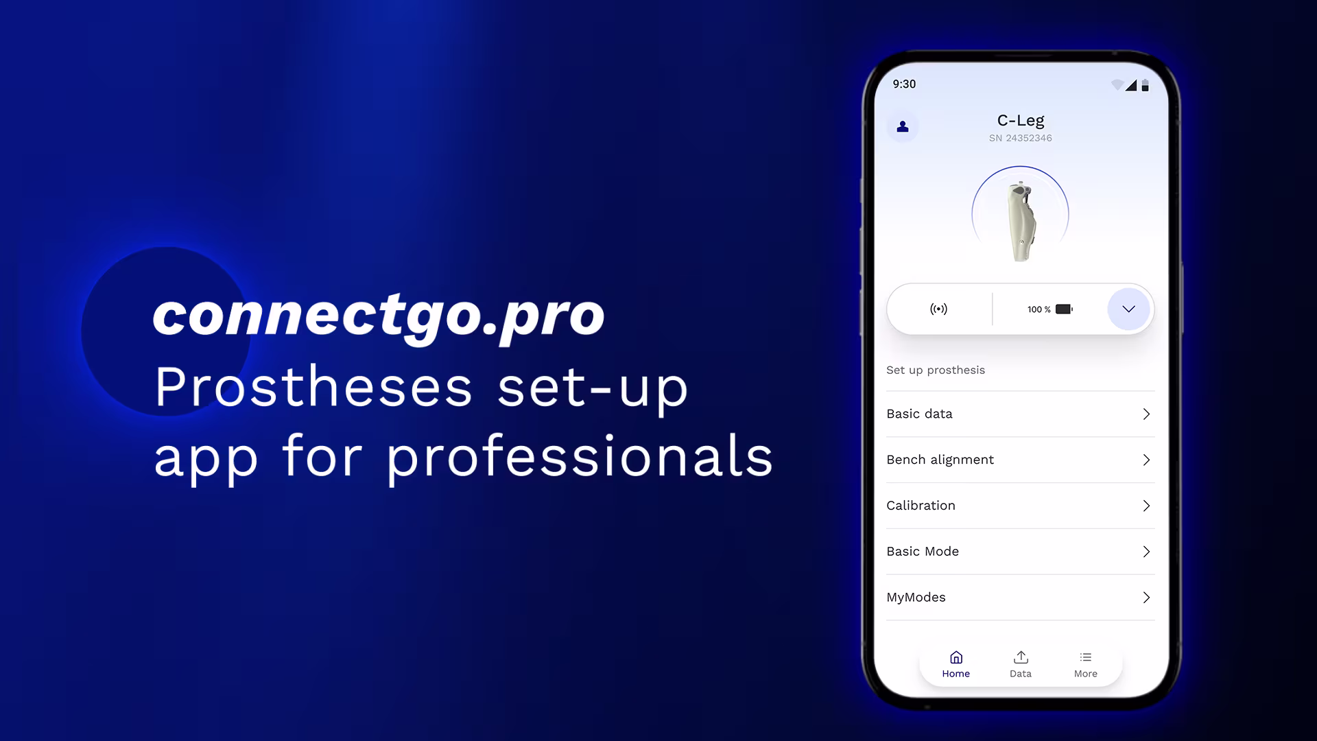 On the left it is written “connectgo.pro prostheses set-up app for professionals” and on the right a screenshot of the app is shown.