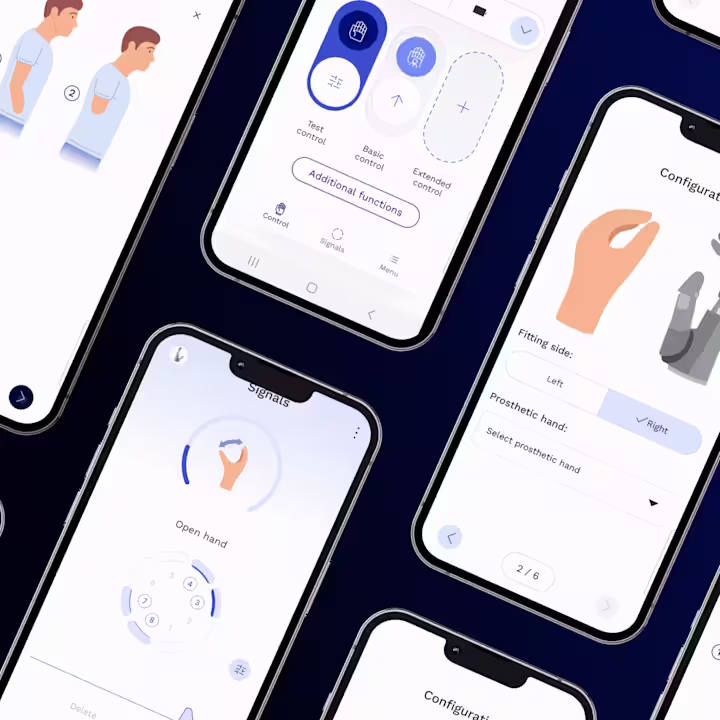 Screens of the connectgrip app interface for adjusting MyoBock components from Ottobock, displaying various control and customization options.