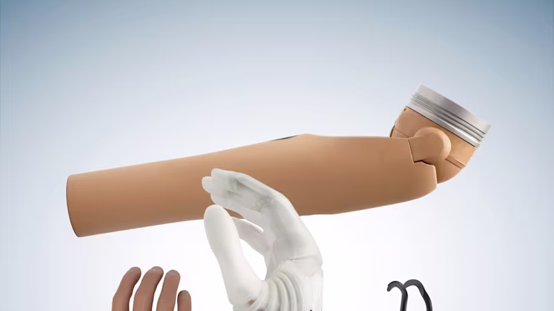 Ottobock AxonArm Ergo with Michelangelo Hand and AxonHook prosthetic arm combination for versatile use.