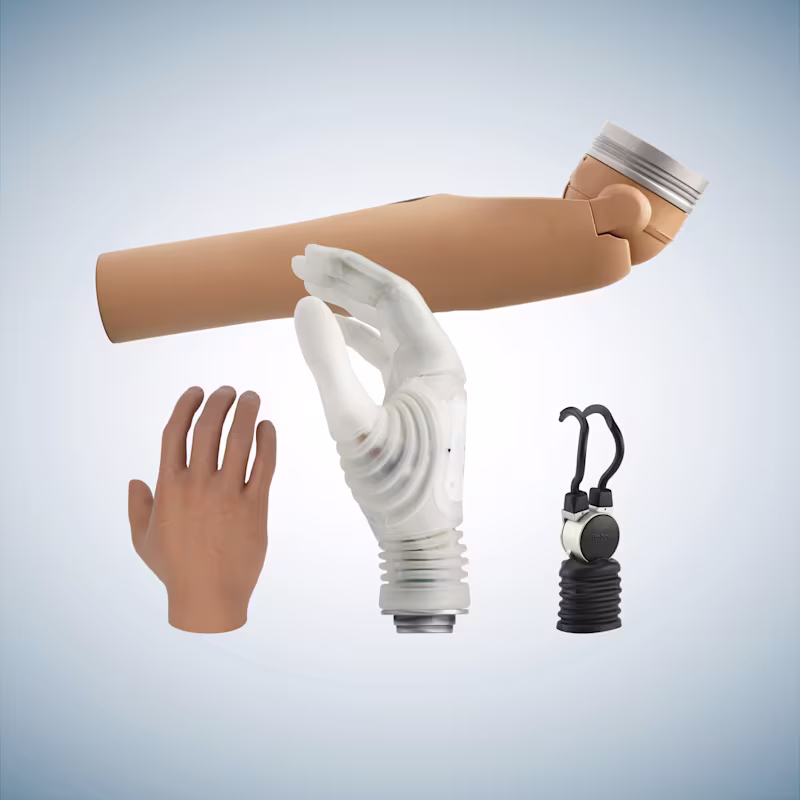 Ottobock AxonArm Ergo with Michelangelo Hand and AxonHook prosthetic arm combination for versatile use.