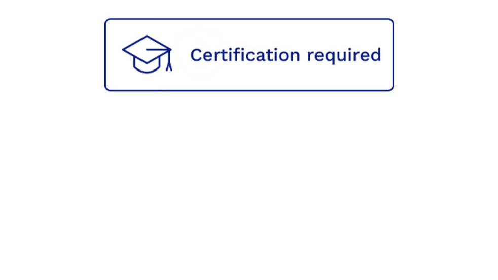 Certification badge indicating that a certification course needs to be passed in order to fit the product.
