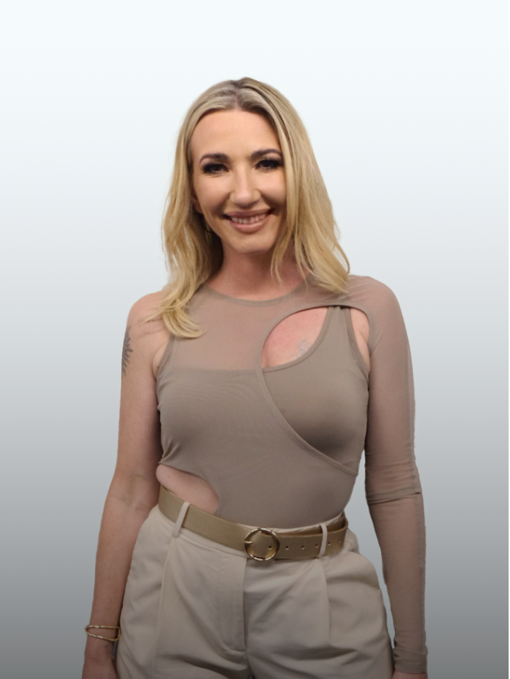 Portrait of Rebecca Legon dressed for Eurovision live performance.