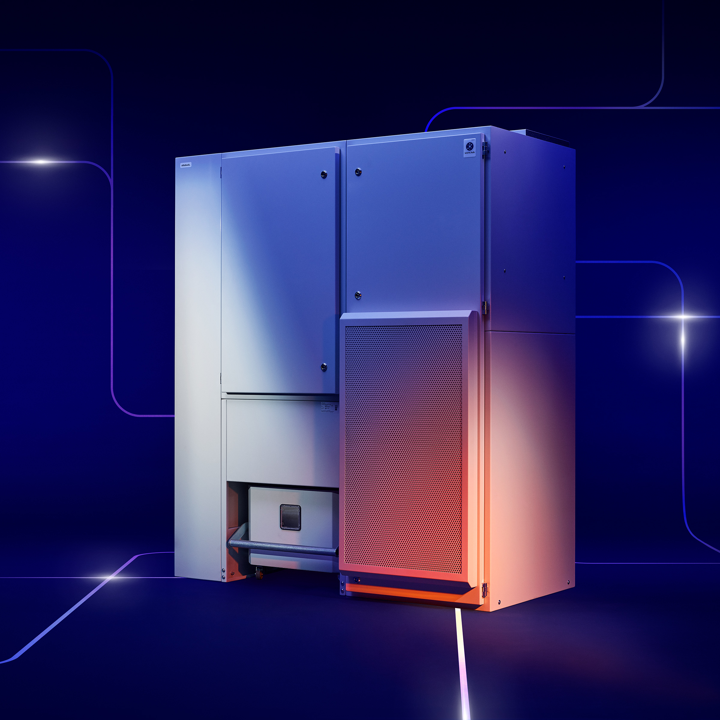 Side image of the Ottobock dust extractor machine on a dark backdrop within the Ottobock work.hub.