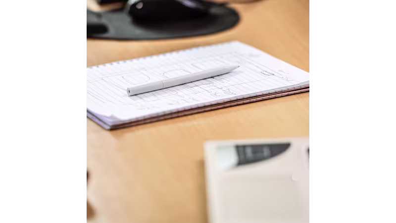 Pen and notebook placed on a desk in a working environment.