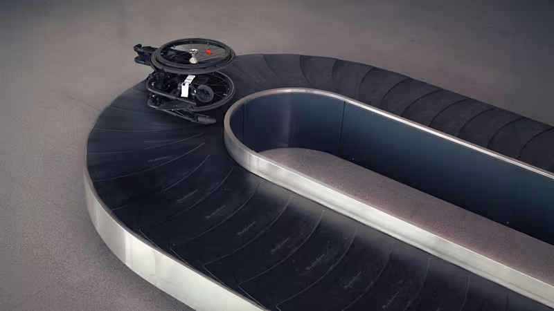 Silla de ruedas sola en una cinta de equipaje del aeropuerto, ilustrando el mensaje de la campaña Invisible Class sobre ayudas de movilidad perdidas o dañadas durante el viaje.