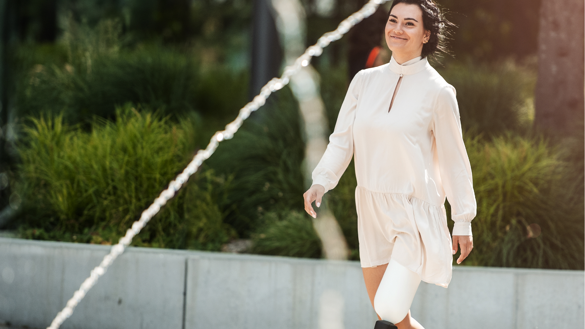 Walking in Soho London, Alt text: Rebecca is walking through London with her C-Leg.
