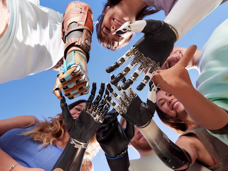 A group of prosthetic hand users standing in a circle placing their prosthetic hands including the bebionic from Ottobock in the middle on top of each other.