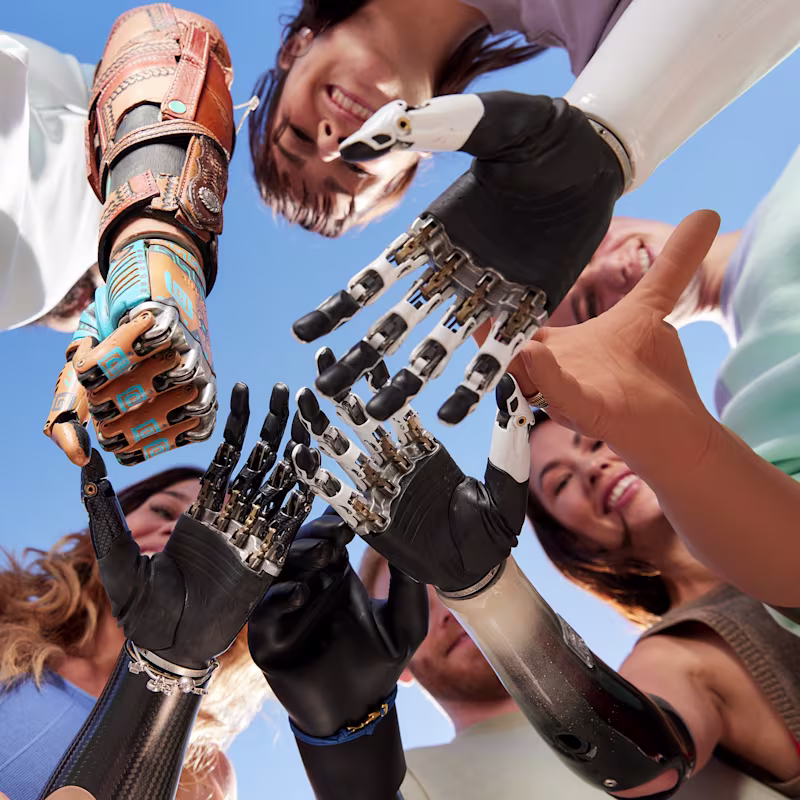 A group of prosthetic hand users standing in a circle placing their prosthetic hands including the bebionic from Ottobock in the middle on top of each other.