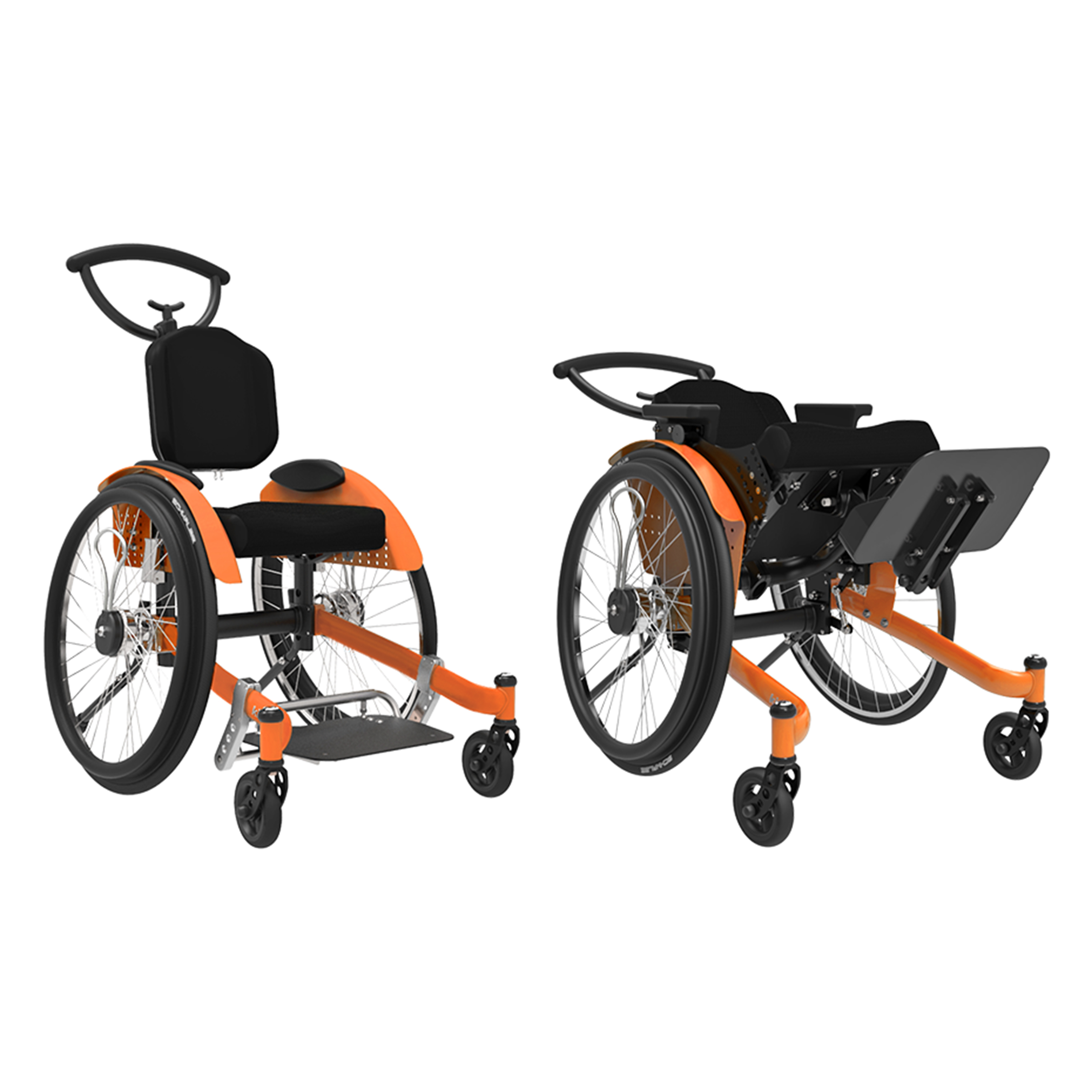 The kidevo prime wheelchair model, with orange side paneling, and black upholstery and wheels.