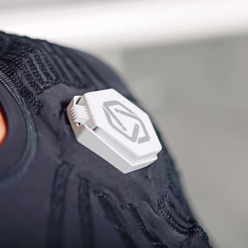 Close-up of the exopulse suit control unit on the upper body.