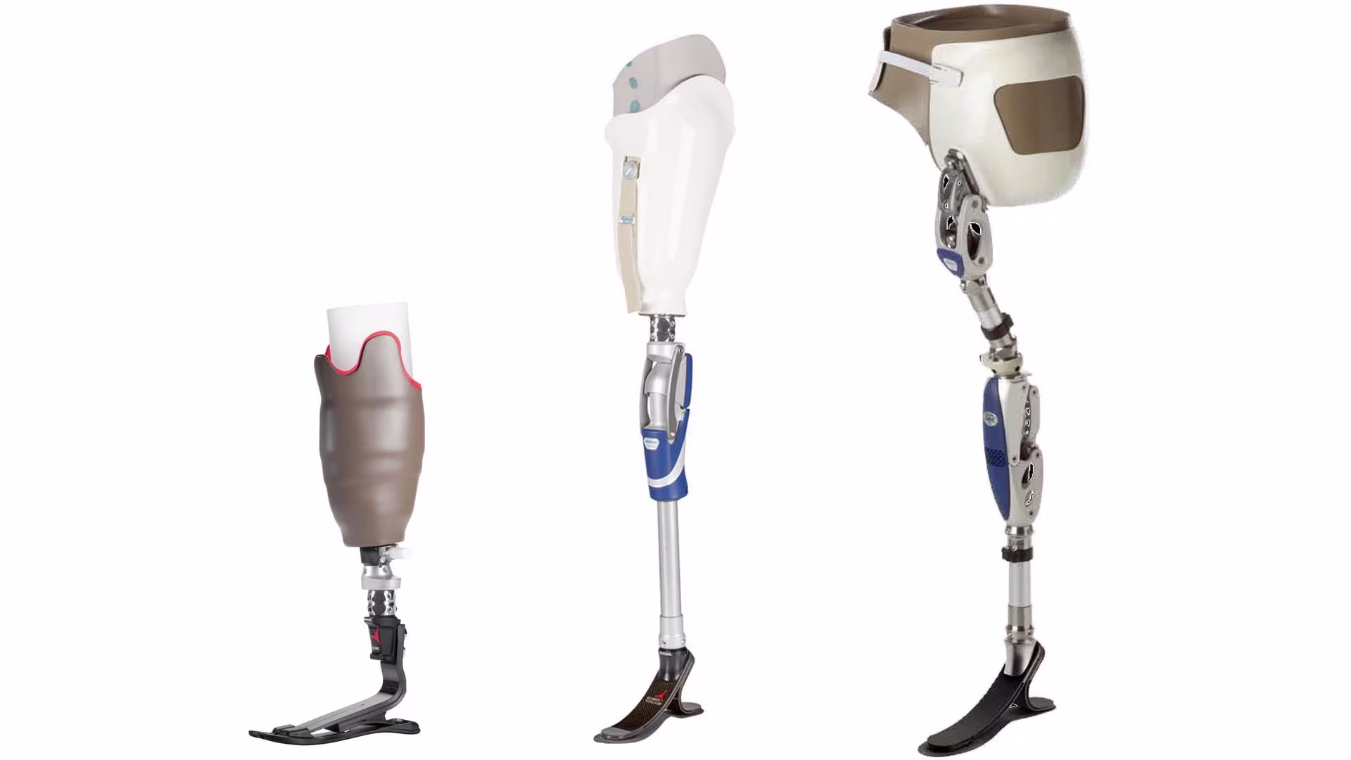 義足継手(股継手、膝継手、足部、アダプター)は義足を構成する上で欠かす事のできない部品です。
切断レベルに応じて必要なパーツが選択されます。さらにユーザーの義足に対する要求、生活環境、体力や健康状態などを考慮して最適な部品が選ばれます。