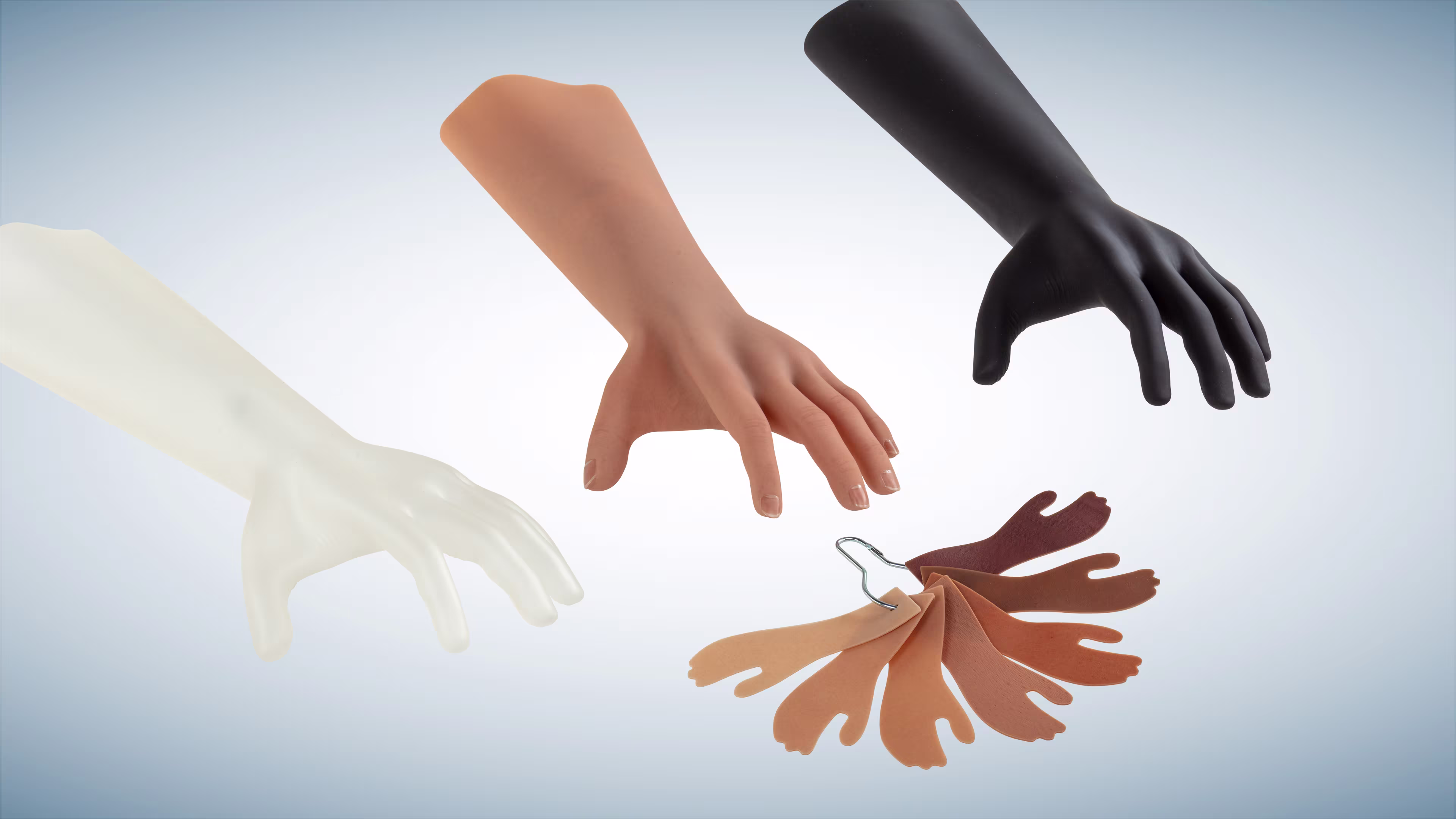 A selection of available glove colors for the michelangelo prosthetic hand.