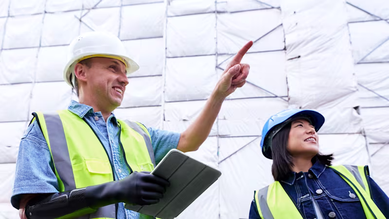 A man wearing his Ottobock michelangelo prosthetic hand is standing in front of a construction site and talking to his colleague.