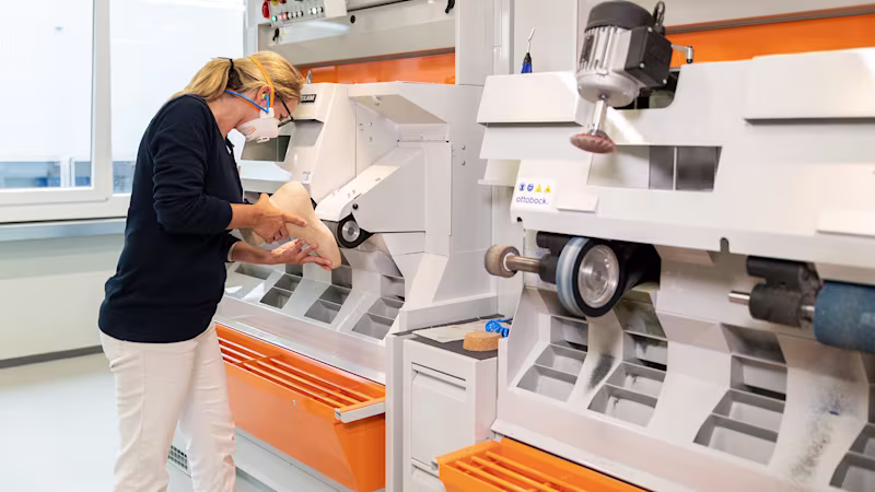 Technikerin schleift einen orthopädischen Fuß aus Holz bei Ottobock.