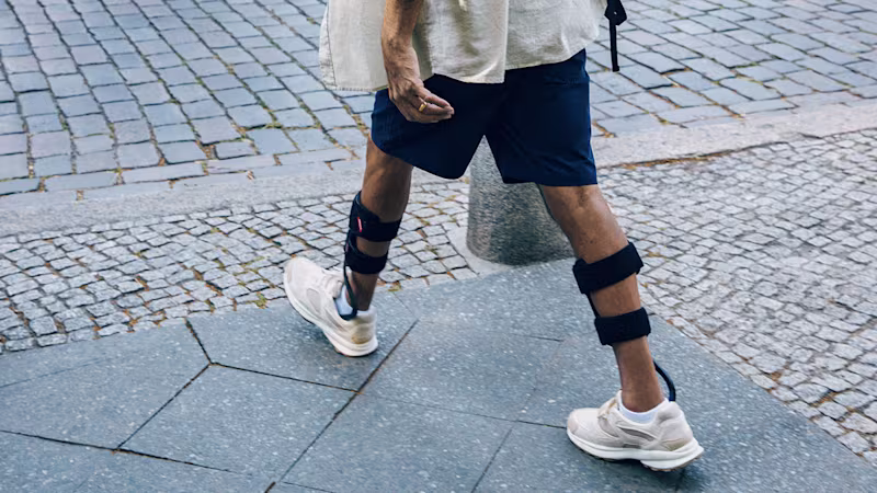 A view of the lower half a man's body while he walks on cobblestones in a city setting. He is wearing Ottobock WalkOn ankle and foot orthoses on both legs