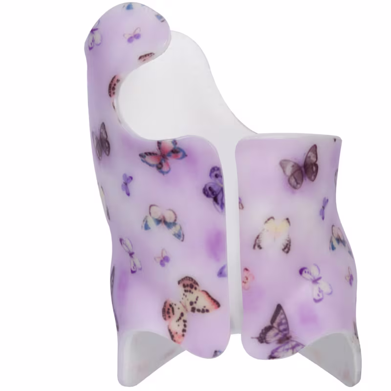 Purple orthopedic brace with butterfly design for personalized pediatric support.