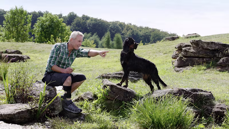 A man sitting on a rock outdoors directs his dog's attention as he points to something in the distance. The man is wearing an Ottobock brace on his ankle.