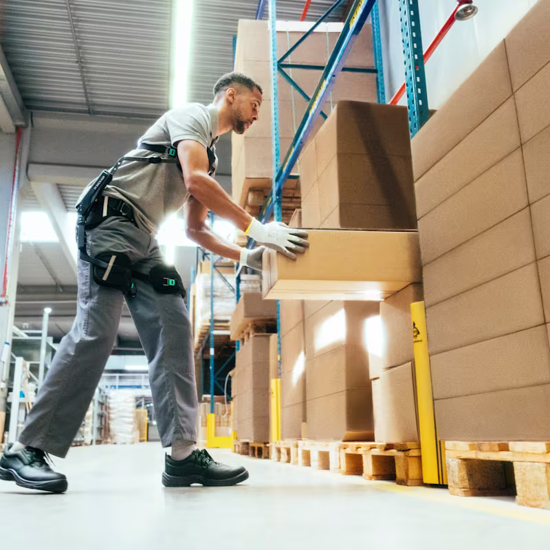 A man loads boxes in a warehouse while wearing the SUITX exoskeleton