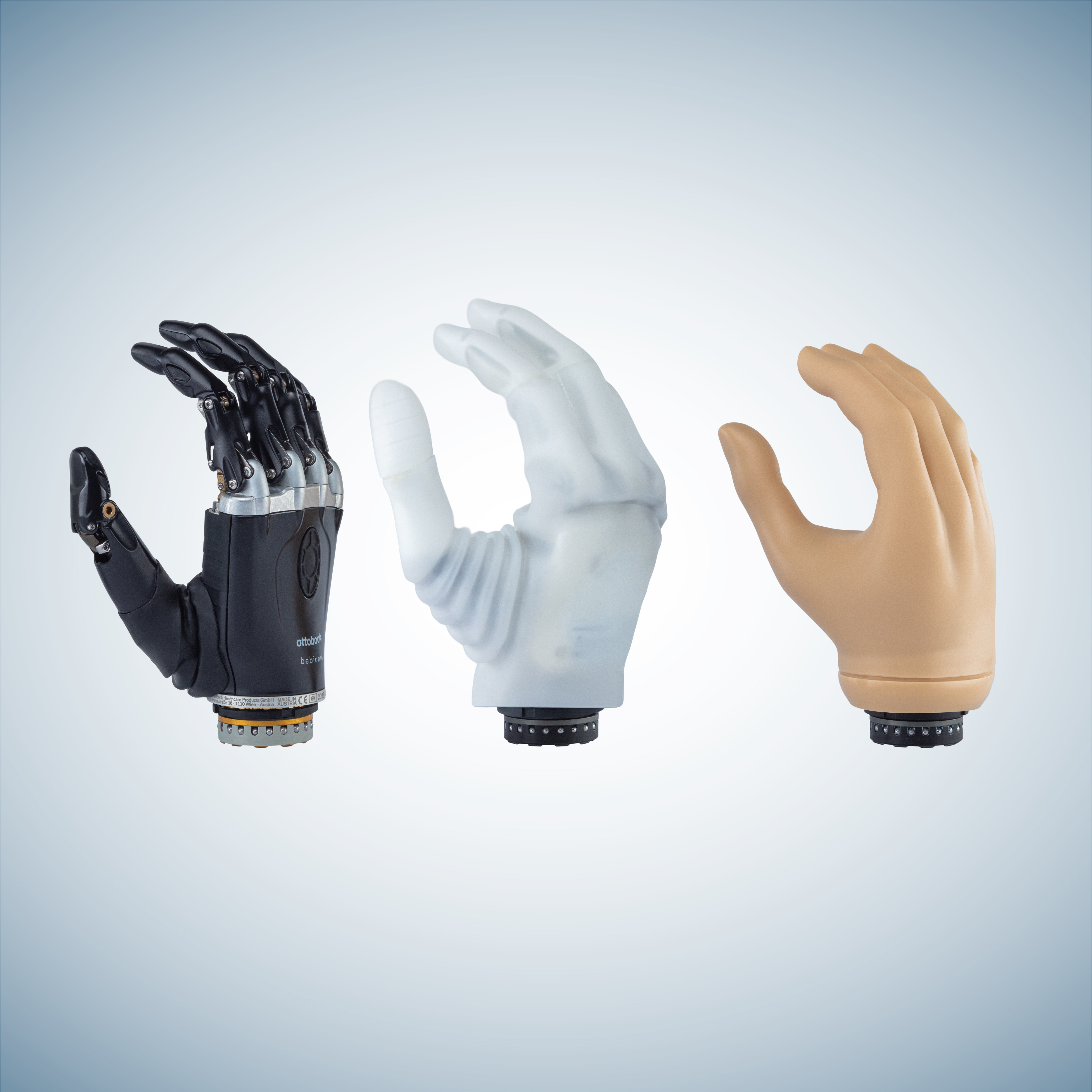 Myoelectric prosthetic hands: bebionic, michelangelo and speedhand.