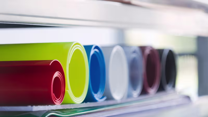 Colorful vinyl rolls stored on shelf in Ottobock materials workshop.