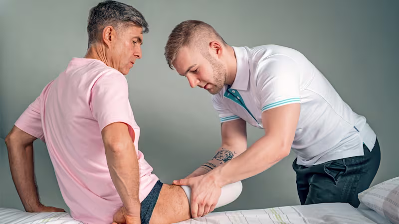 Специалист по реабилитации показывает пациенту как правильно надевать компрессионный лайнер.