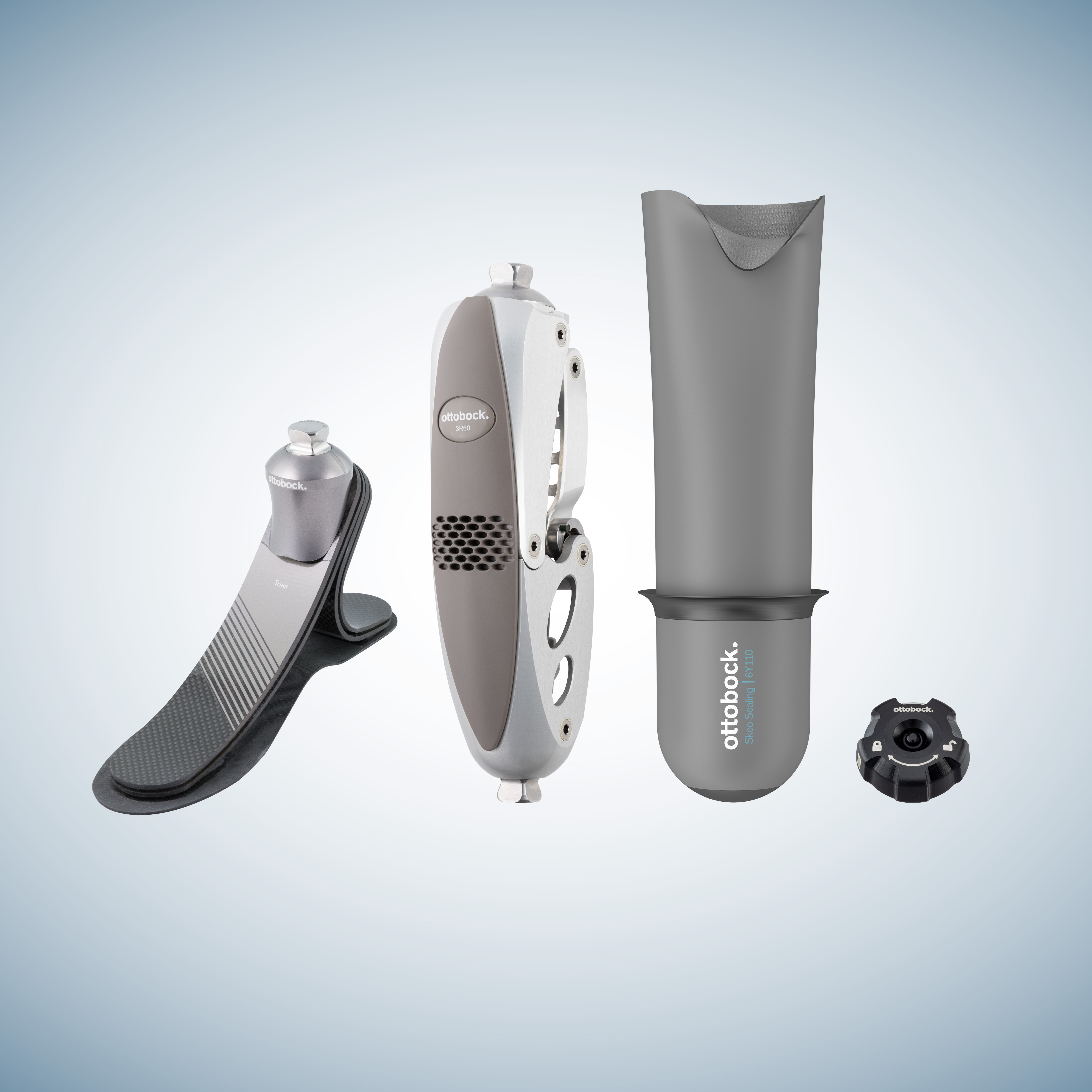 Trias prosthetic foot, 3R60 prosthetic knee, Skeo Sealing liner, and QuickValve suspension system.