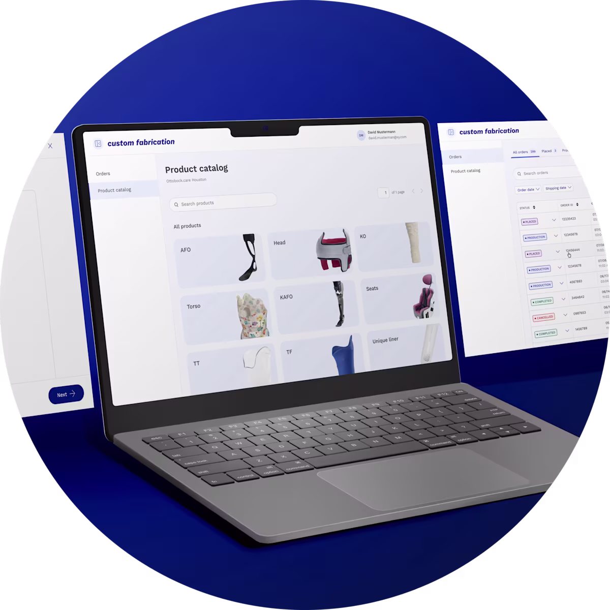 A mock-up image of the Ottobock custom fabrication website