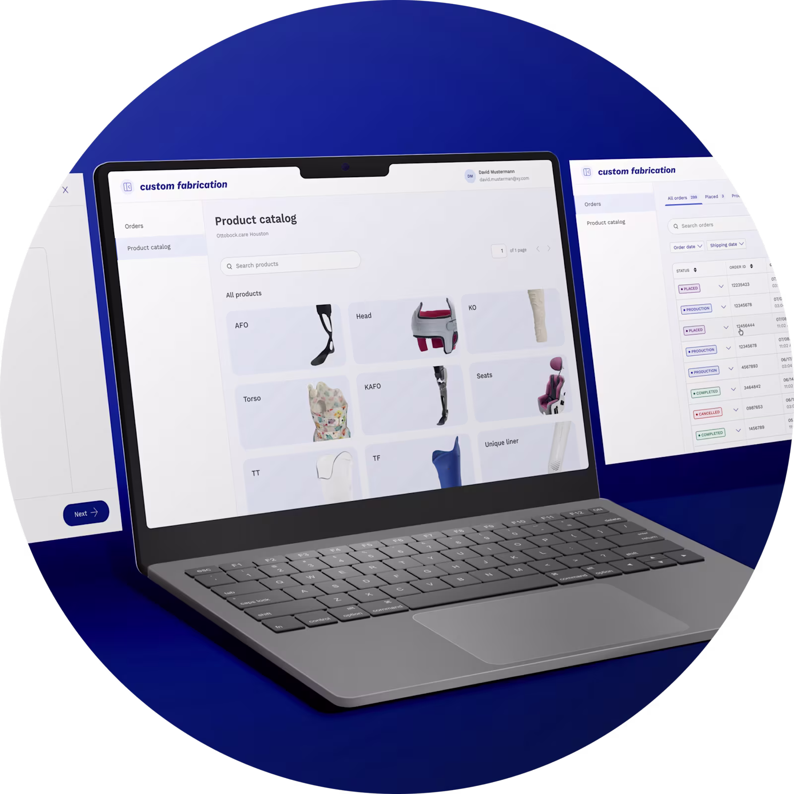 A mock-up image of the Ottobock custom fabrication website
