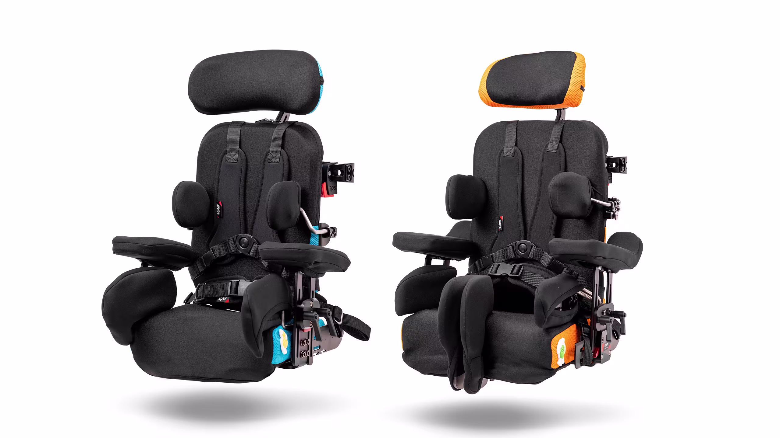 Veduta d'insieme dei sistemi di seduta per carrozzine pediatriche Wonderseat Bounce & Space