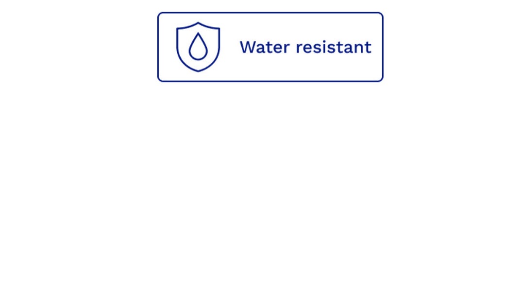 Water resistant badge indicating product is water resistant or waterproof.