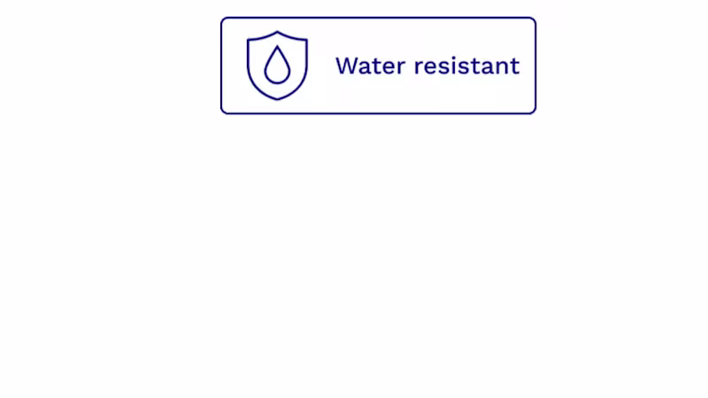 Water resistant badge indicating product is water resistant or waterproof.