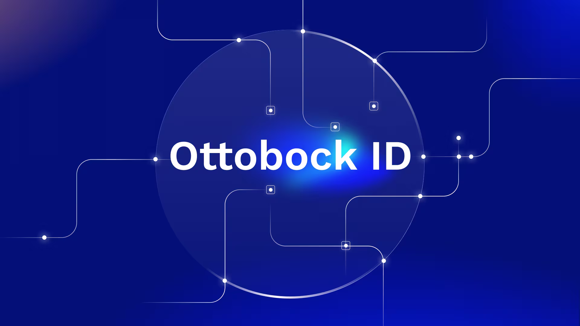 White text "Ottobock ID" on a blue background with abstract lines and glowing dots surrounding a central circle.