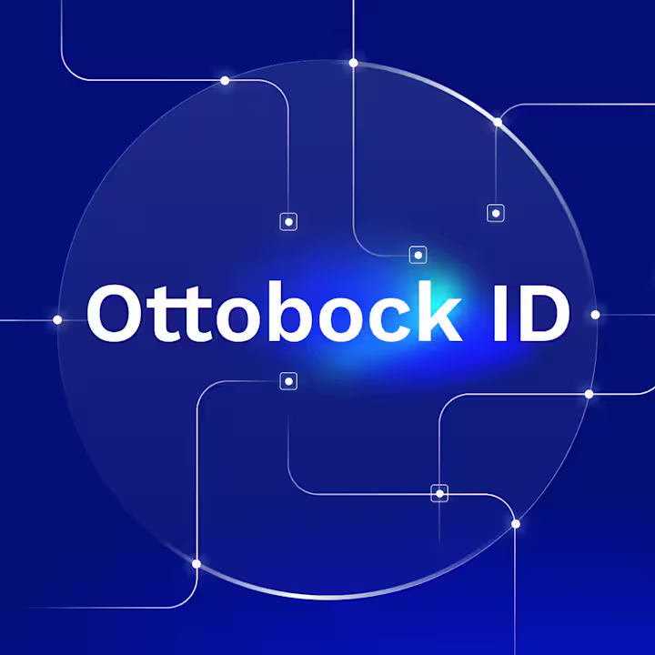White text "Ottobock ID" on a blue background with abstract lines and glowing dots surrounding a central circle.