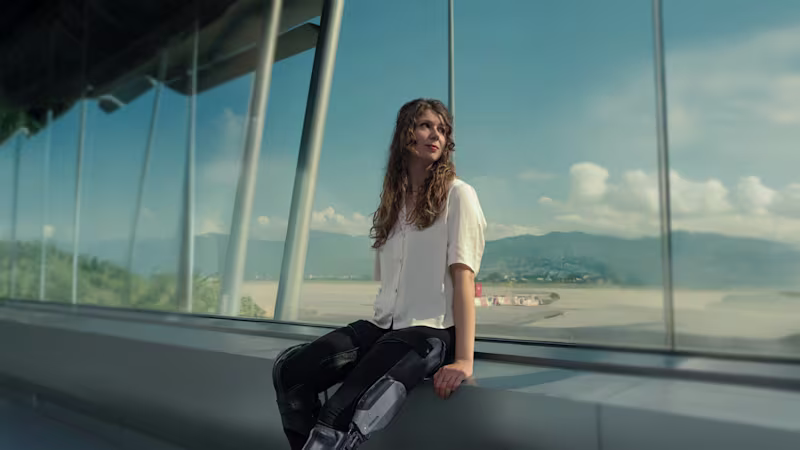 Woman with Ottobock C-Brace orthoses sitting at an airport window, symbolizing the Invisible Class campaign about barriers and freedom in travel for people with disabilities.