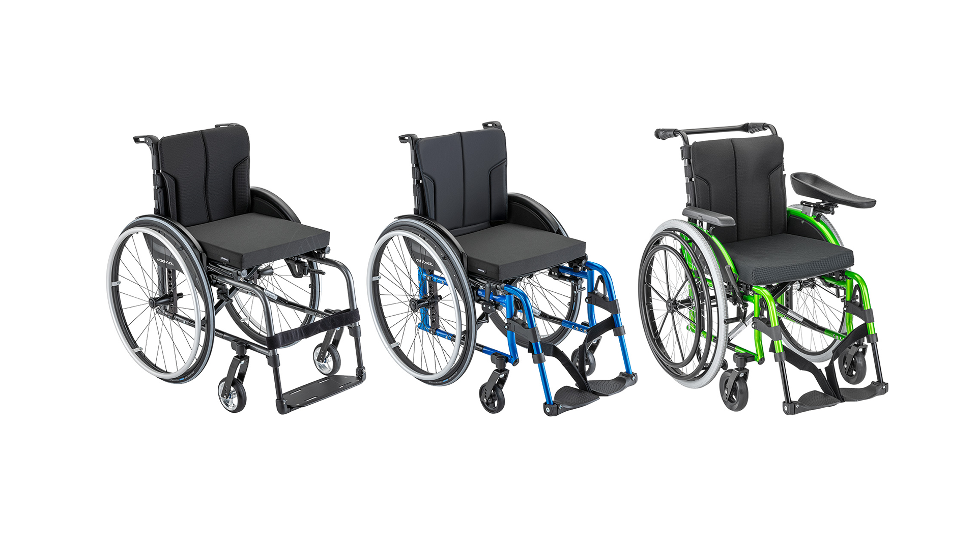 Modelle der Ottobock Motus Adaptivrollstuhl-Serie auf weißem Hintergrund
