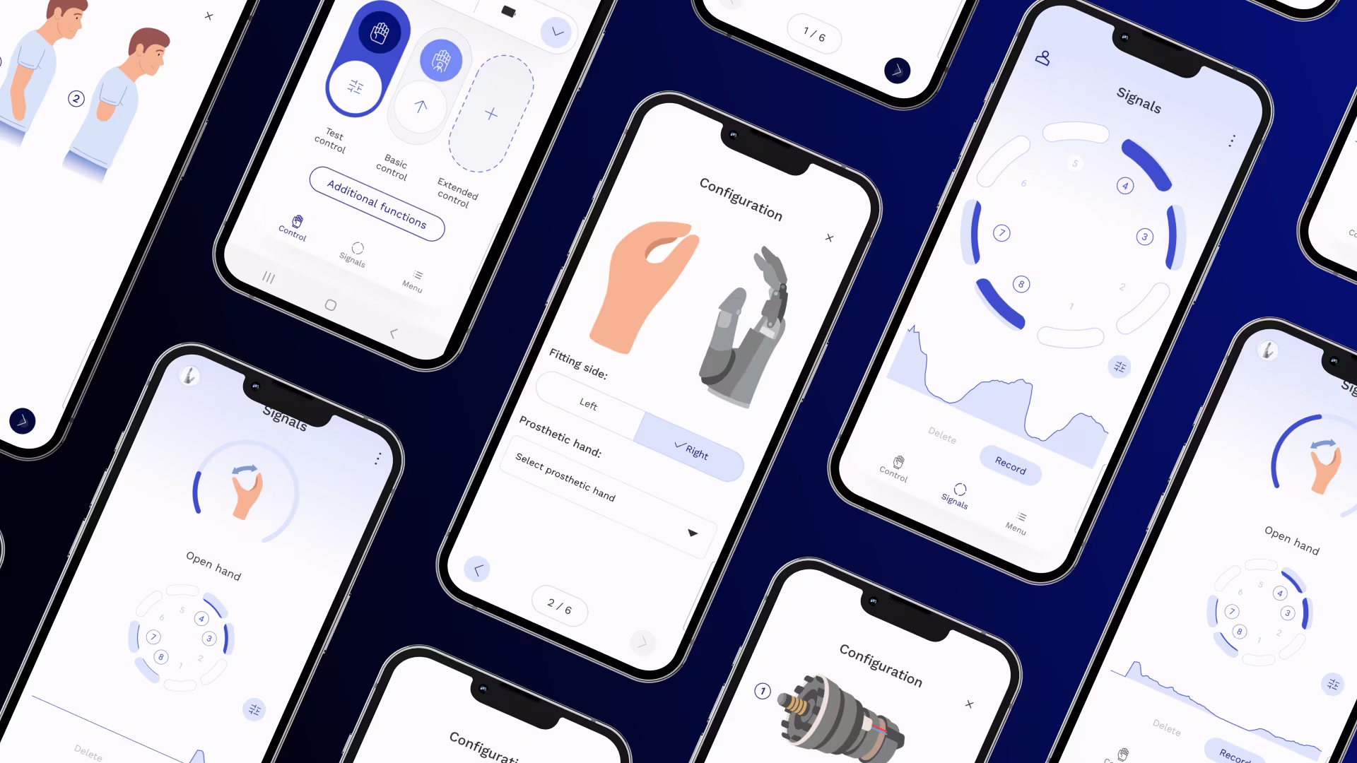 Overview of screens of connectgrip app showing features like, myo activity and visual biofeedback.