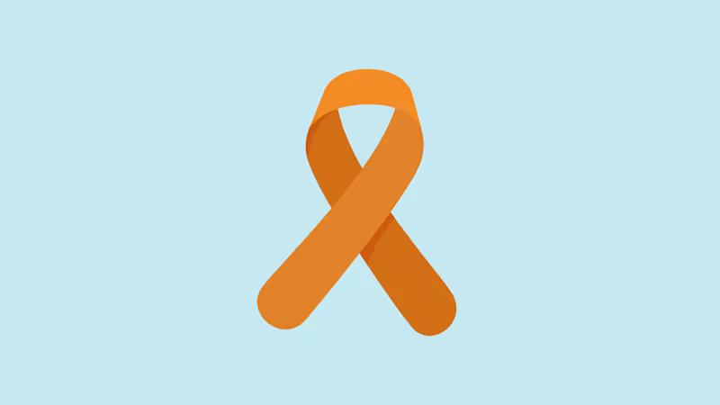 An orange ribbon on a blue background.