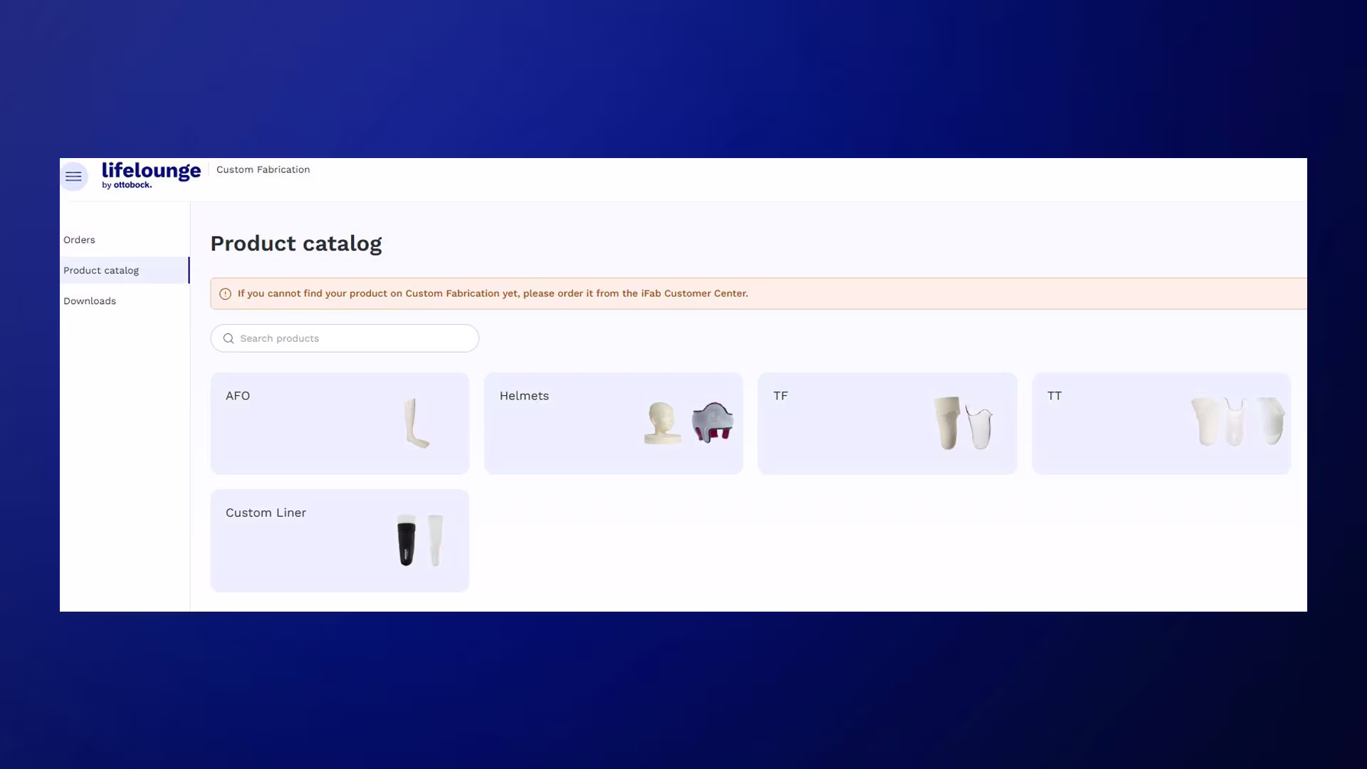A screenshot of a screen showcasing the various products available for custom fabrication by Ottobock